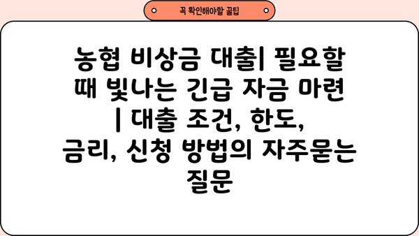 농협 비상금 대출| 필요할 때 빛나는 긴급 자금 마련 | 대출 조건, 한도, 금리, 신청 방법
