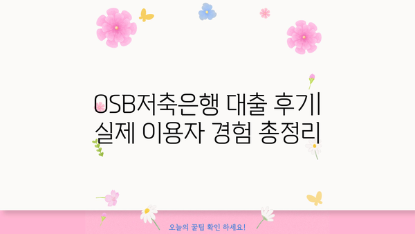 OSB저축은행 대출 후기| 실제 이용자들의 경험과 후기 총정리 | OSB, 대출, 금리, 승인, 후기, 장단점