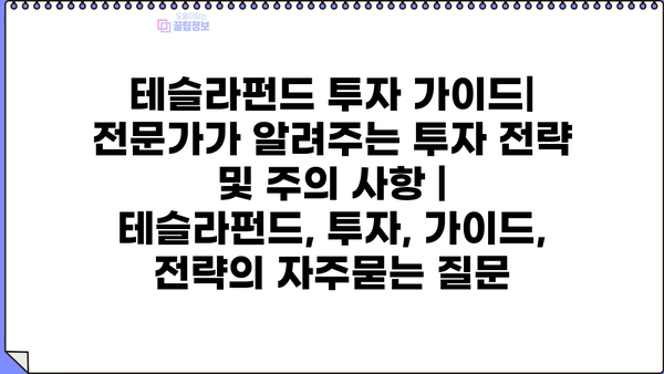 테슬라펀드 투자 가이드| 전문가가 알려주는 투자 전략 및 주의 사항 | 테슬라펀드, 투자, 가이드, 전략