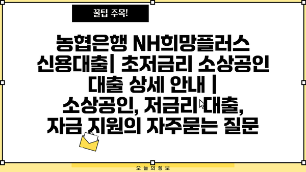 농협은행 NH희망플러스 신용대출| 초저금리 소상공인 대출 상세 안내 | 소상공인, 저금리 대출, 자금 지원